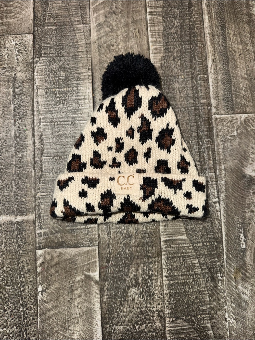 C.C Baby Leopard Pom Beanie - Cream, Brown & Black